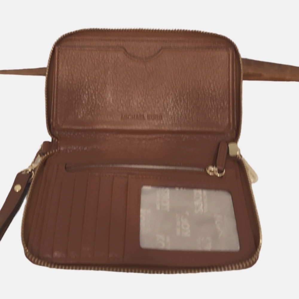 Michael Kors Chestnut Pebbled Leather Wristlet Wallet with Gold MK Emblem - Picture 4 of 4